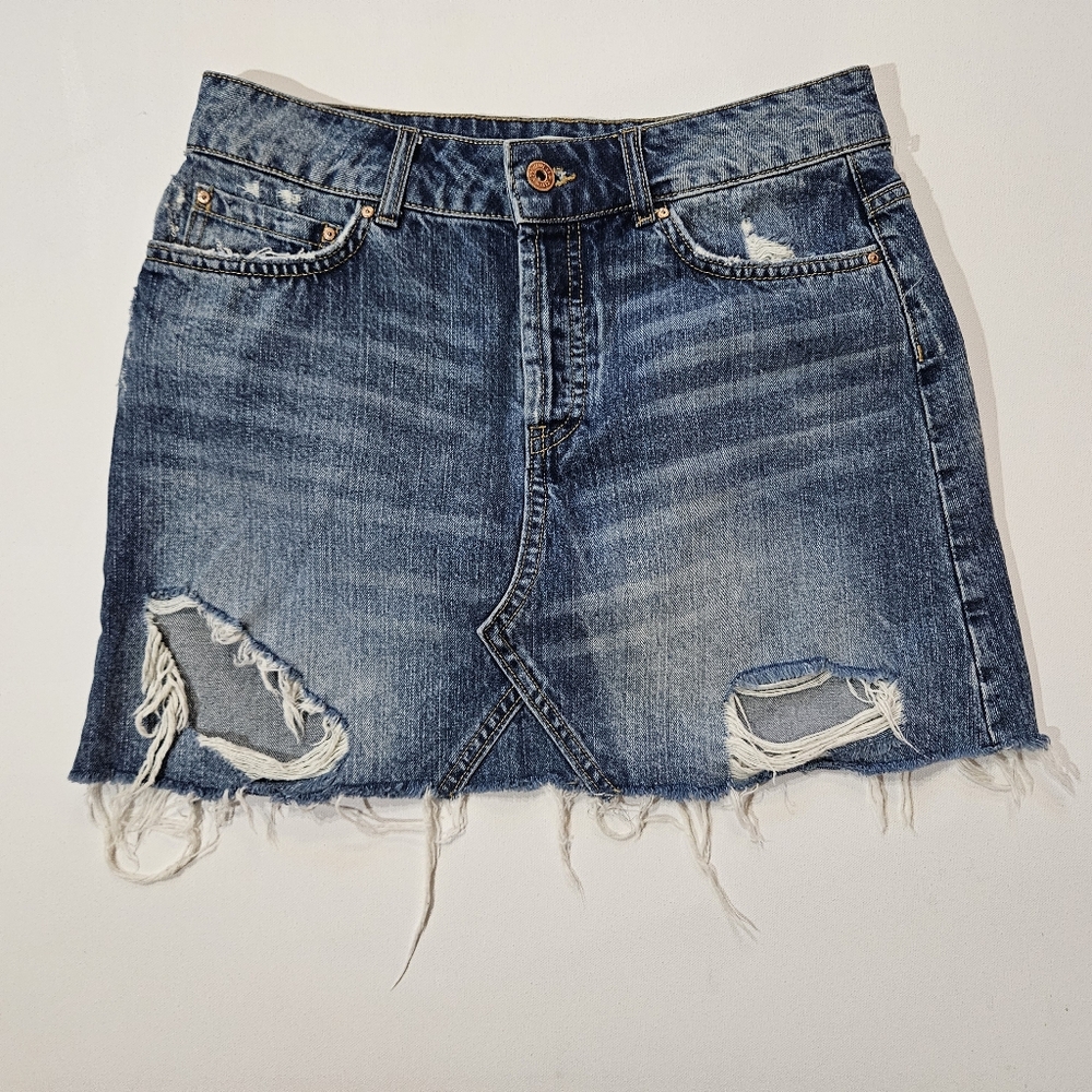 Zara Basic Z1975 Denim Jean Skirt Womens Size Small Button Fly Distressed Grunge